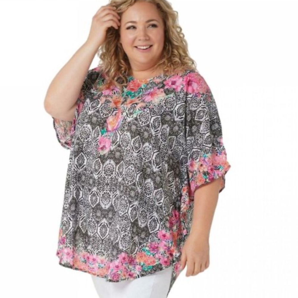 Tolani Black and Pink Floral kaftan 3/4 Sleeve Boxy Blouse L